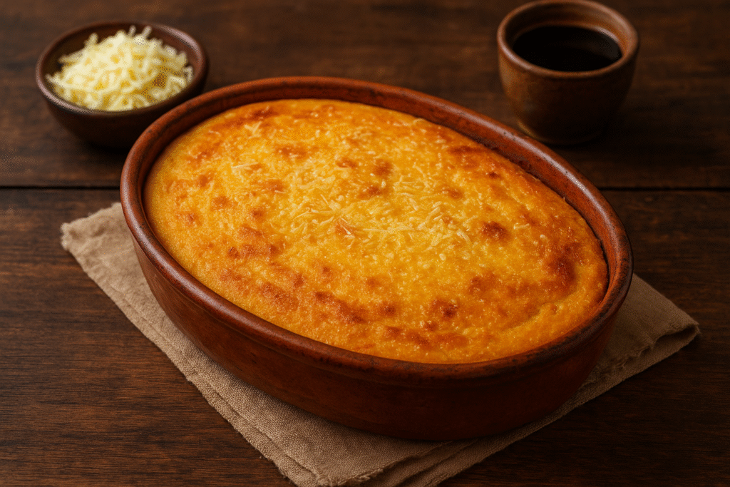 Bolo de fubá cremoso com queijo parmesão