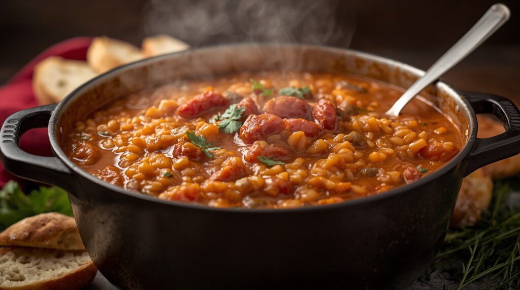 Imagem de destaque sugerida Receitas de Prato Unico: Uma foto apetitosa de uma panela cheia, como um risoto ou um chili, mostrando que a refeição está completa ali mesmo.