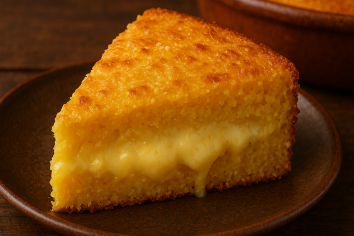 Imagem de destaque fatia de bolo de fubá com camada cremosa e queijo derretido